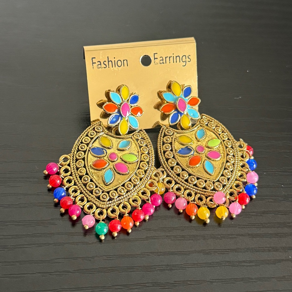 Ethnic Indian Wear Multicolor Gold Earrings
